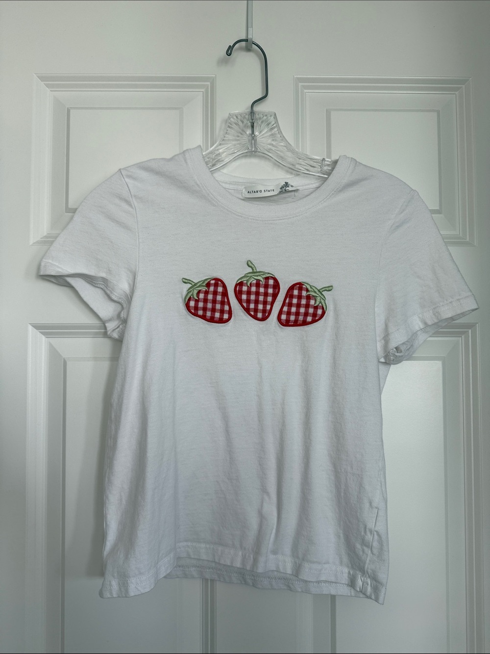 Altar'd State White Short Sleeve Tee with Red Gingham Strawberry Appliqués